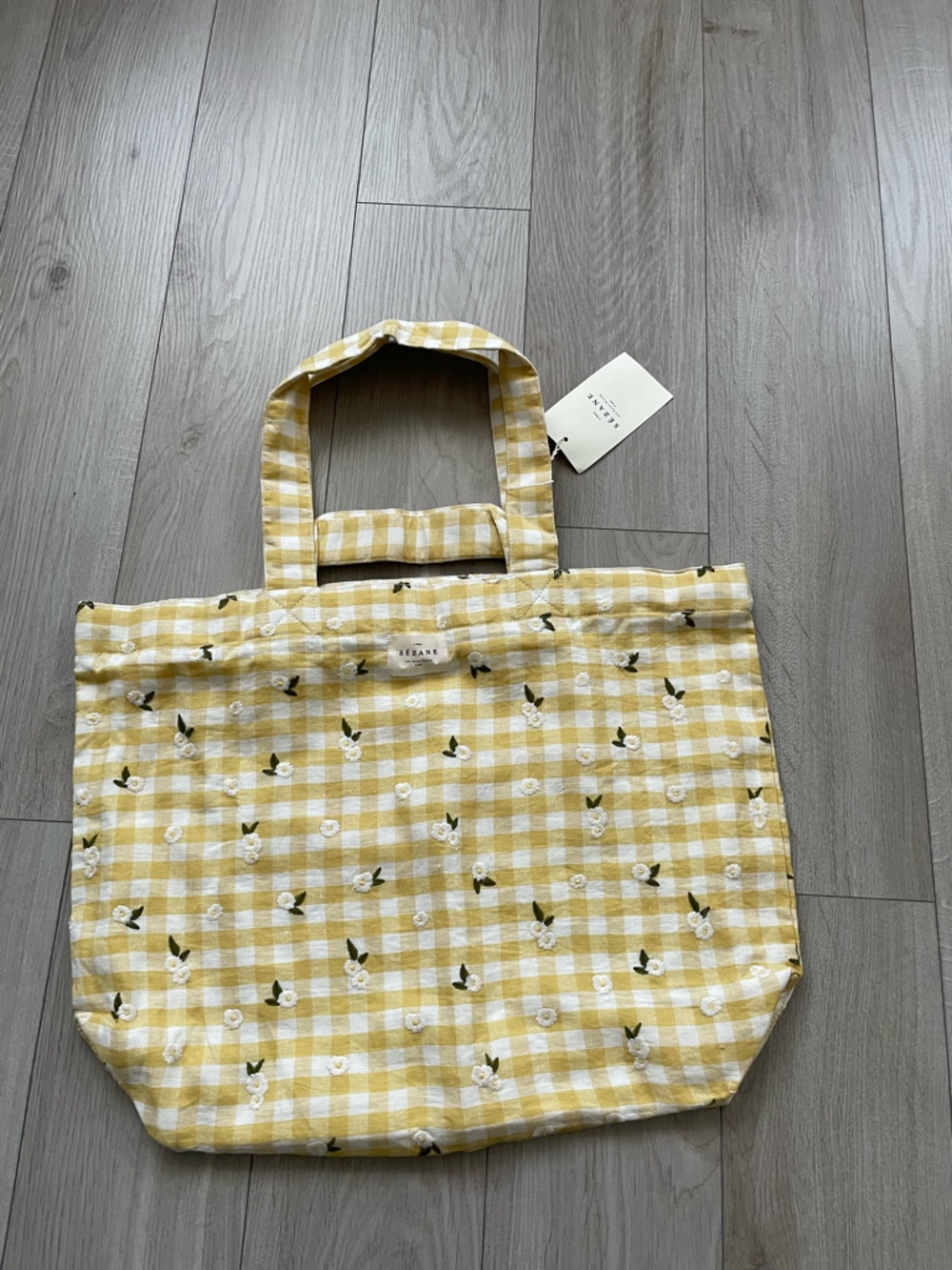 Sézane Big Totebag Straw Yellow Embroidered Daisies, Linen, NWT - Picture 5 of 15